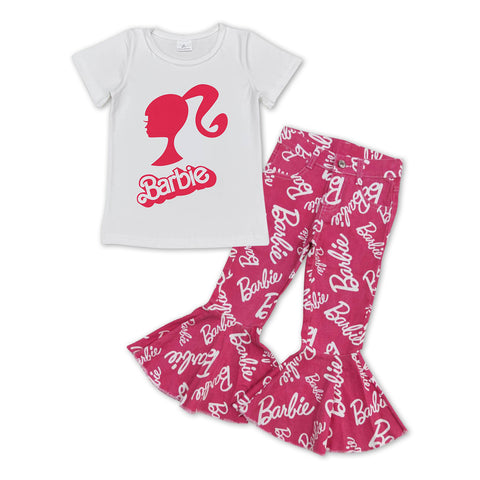 GSPO1064 Fashion Barbie Pink Jeans 2 Pcs Girl's Set