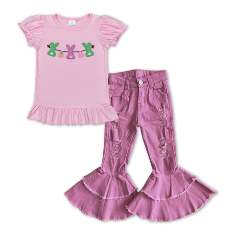 GSPO1158 Embroidery Easter Bunny Purple Ripped Jeans Girl's Set