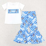 GSPO1174 Cartoon Blue Dog Plaid Girls Set