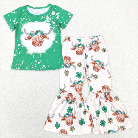 GSPO1180 Cow Green Leaves Girls Set
