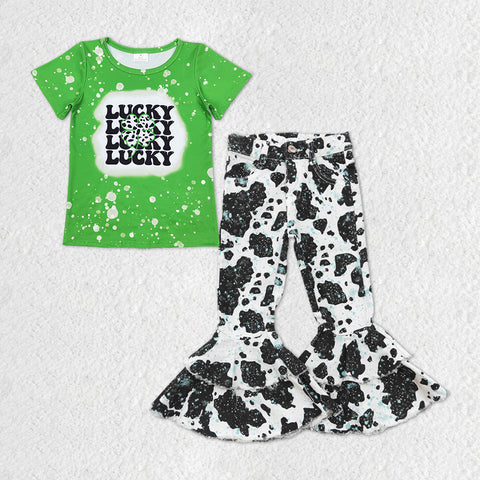 GSPO1296 Cow Lucky Jeans 2 Pcs Girl's Set