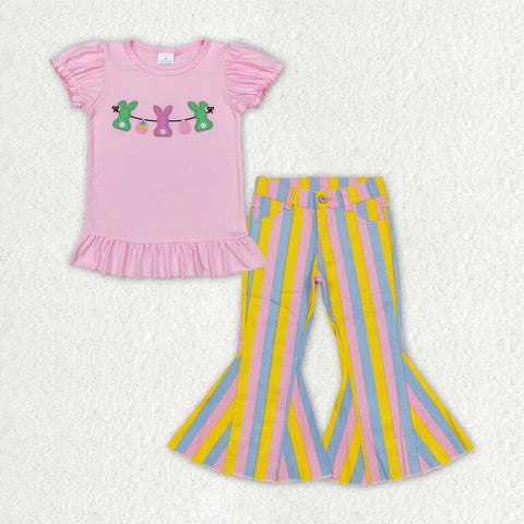 GSPO1405 Embroidery Easter Bunny Stripe Jeans Girl's Set