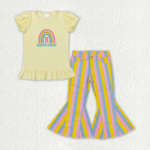GSPO1406 Embroidery Happy Easter Stripe Jeans Girl's Set
