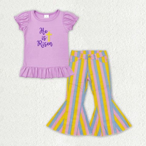 GSPO1407 Embroidery He is risen Stripe Jeans Girl's Set