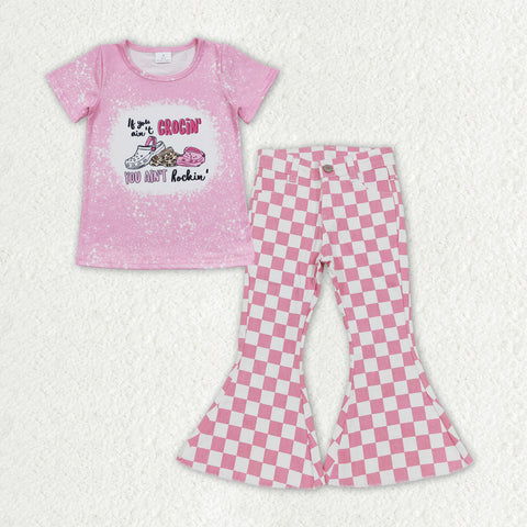 GSPO1408 Crocin Pink Plaid Denim Jeans 2 Pcs Girl's Set