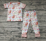 GSPO1439 Cow Flower Brown Girls Pajamas Set