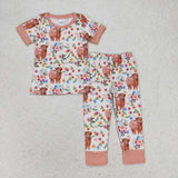 GSPO1439 Cow Flower Brown Girls Pajamas Set