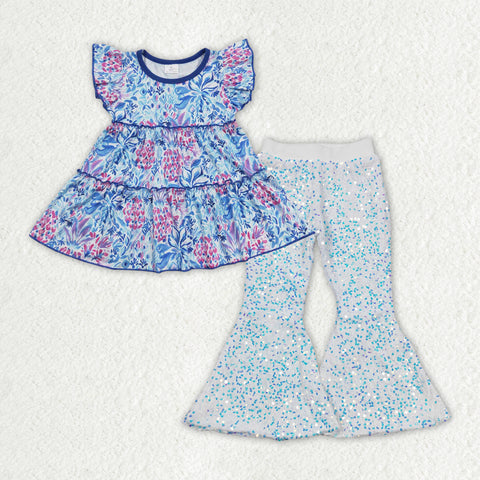 GSPO1499 Garden Flower Blue Tunic White Sequin Girl's Set