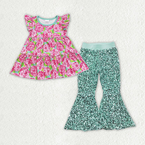 GSPO1501 Flower Pink Tunic Green Sequin Girl's Set