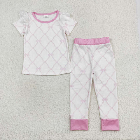 GSPO1517 Tie Bow Pink Girls Pajamas Set