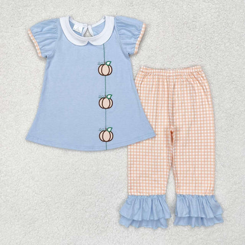 GSPO1534 Embroidery Pumpkin Orange Blue Girls Set