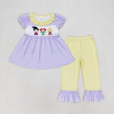 GSPO1535 Halloween Cartoon Purple Plaid Girls Set