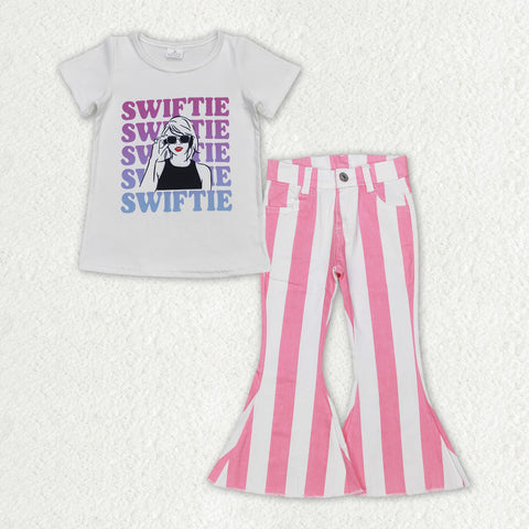 GSPO1597 Pink Stripe Denim Jeans 2 Pcs Girl's Set