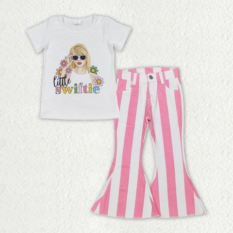 GSPO1599 Little Pink Stripe Denim Jeans 2 Pcs Girl's Set