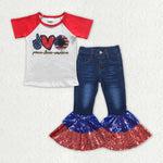 GSPO1622 Peace love America Sequin Flare Denim Pants Jeans Girls Set