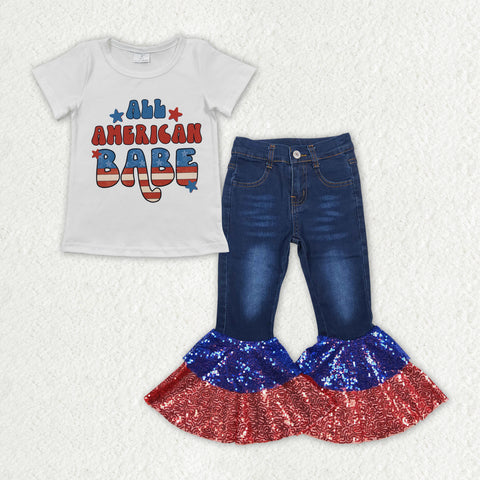 GSPO1623 America Babe Sequin Flare Denim Pants Jeans Girls Set