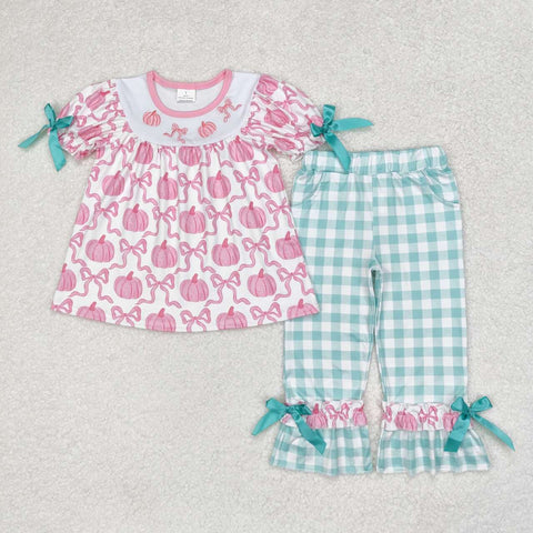 GSPO1627 Embroidery Pumpkin Bow Mint Plaid Pink Girls Set