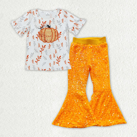 GSPO1729 Embroidery Orange Pumpkin Sequin Flared Pants Girls Set