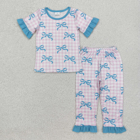 GSPO1736 Coquette Bows Plaid Blue Pink Girls Pajamas Set