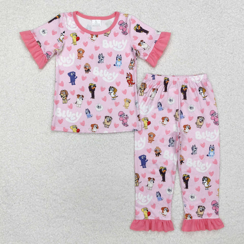 GSPO1760 Valentine's Day Blue Dog Pink Girls Pajamas Set