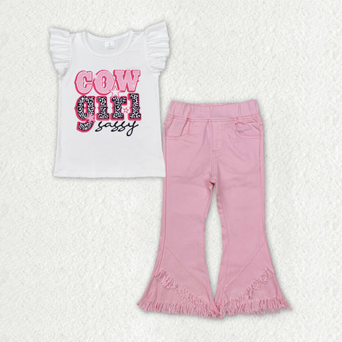 GSPO1817 Cowgirl Sassy Pink Denim Jeans 2 Pcs Girl's Set