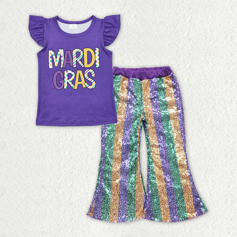 GSPO1833 Mardi Gras Purple Green Stripe Sequin Girl's Set