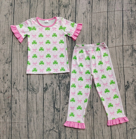 Preorder Samples GSPO1838 St. Patrick Leaf Shamrock Girls Pajamas Set