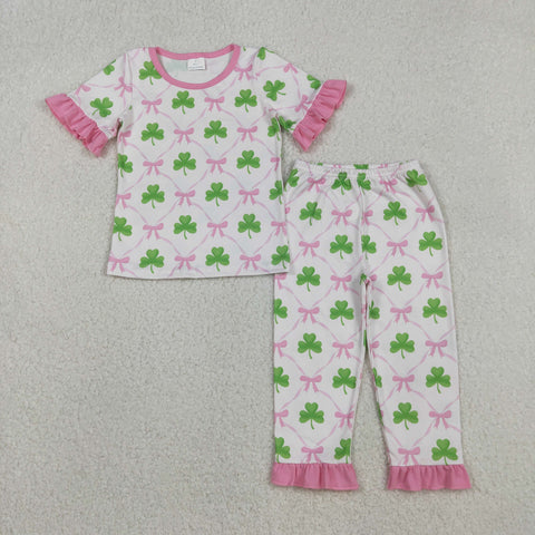 GSPO1838 St. Patrick Leaf Shamrock Girls Pajamas Set