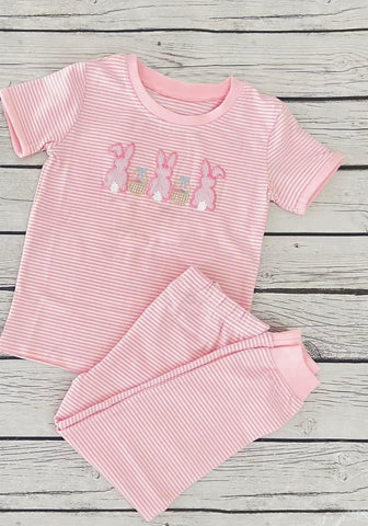 Preorder 12.09 GSPO1844 Easter Bunny Pink Stripe Girls Pajamas Set