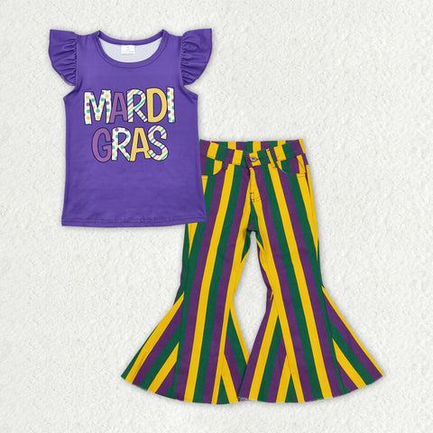 GSPO1938 Mardi Gras Purple Stripe Jeans 2 Pcs Girl's Set