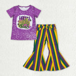 GSPO1939 Mardi Gras Purple Stripe Jeans 2 Pcs Girl's Set