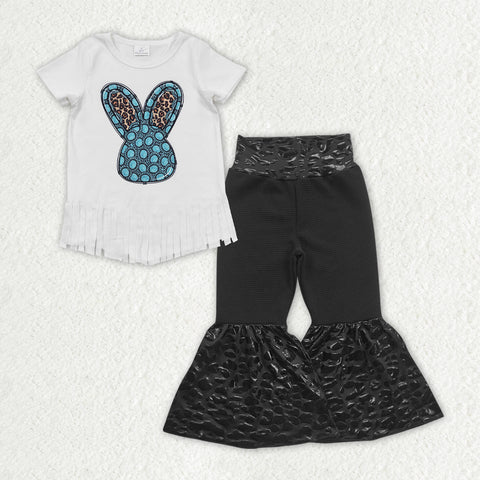 GSPO1962 Easter Rabbit Turquoise Black Leather Flared Pants 2 Pcs Girl's Set