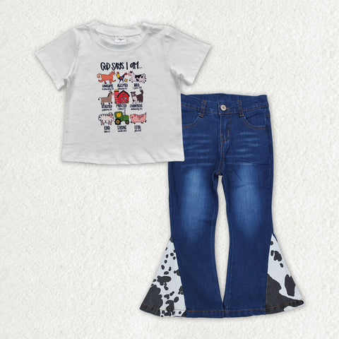 GSPO1981 Farm God says i am Cow Denim Jeans 2 Pcs Girl's Set