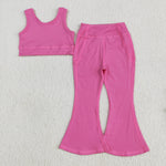 GSPO2002 Solid Color Pink Yoga Girls Flared Set