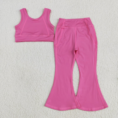 GSPO2002 Solid Color Pink Yoga Girls Flared Set