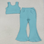 GSPO2004 Solid Color Sky Blue Yoga Girls Flared Set