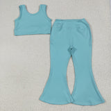 GSPO2004 Solid Color Sky Blue Yoga Girls Flared Set