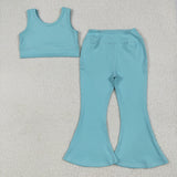 GSPO2004 Solid Color Sky Blue Yoga Girls Flared Set