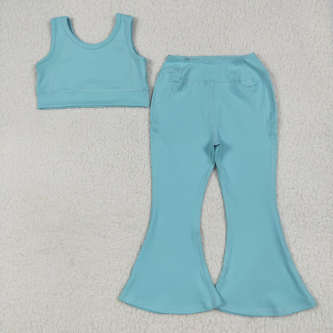 GSPO2004 Solid Color Sky Blue Yoga Girls Flared Set