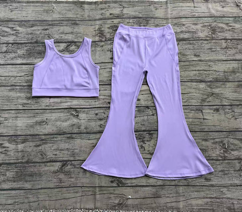 Preorder GSPO2006 Solid Color Purple Yoga Girls Flared Set