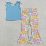 GSPO2017 Flower Sky Blue Plaid Girls Set