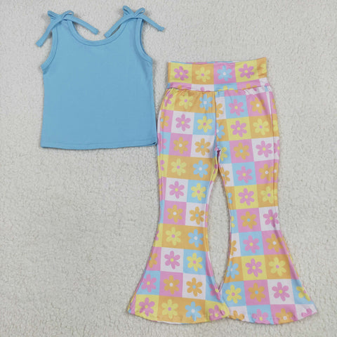 GSPO2017 Flower Sky Blue Plaid Girls Set