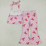 GSPO2030 Fashion Bows Plaid Pink Girls Flared Set