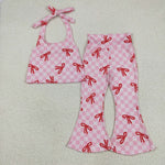 GSPO2030 Fashion Bows Plaid Pink Girls Flared Set