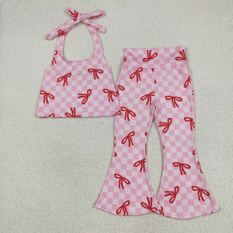 GSPO2030 Fashion Bows Plaid Pink Girls Flared Set