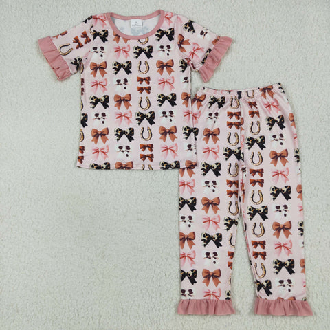 GSPO2035 Western Cows Bows Pink Girls Pajamas Set