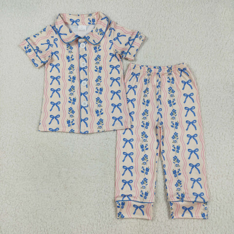 GSPO2050 Bows Flower Blue Buttons Girls Pajamas Set