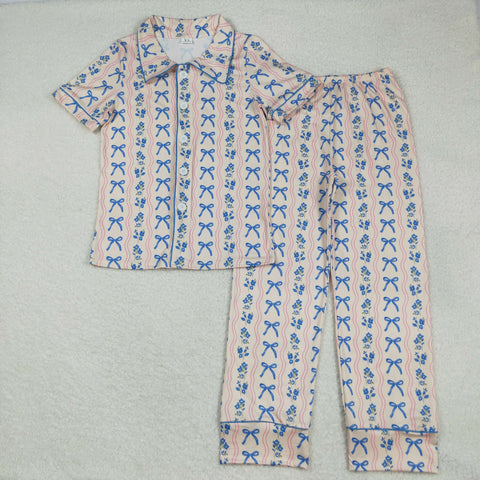 GSPO2051 Bows Flower Blue Buttons Adult Women Pajamas Set