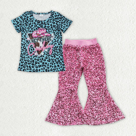 GSPO2053 Cowboy Leopard Pink Sequin Girl's Set