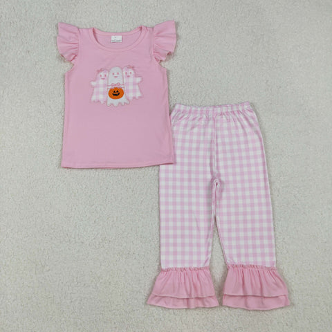 GSPO2058 Embroidery Halloween Ghost Pumpkin Pink Girls Set